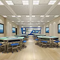 School Modern Spacious Classroom With Multiple Screens Green Desks Blue Chairs Wooden Walls White Ceiling