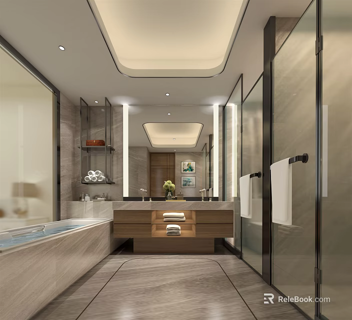 Modern Luxury Hotel Bathroom Interior With Freestanding Bathtub And Double Sink Vanity 3d model 