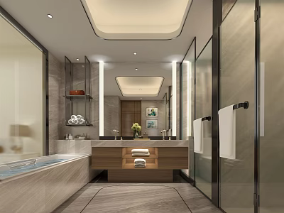 Modern Luxury Hotel Bathroom Interior With Freestanding Bathtub And Double Sink Vanity 3d model