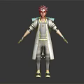 Stylish 3D Character With Gray Hair Long Coat Backpack Black Green Clothing Gloves And Sneakers