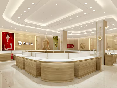 Modern Jewelry Store Interior Design With Wooden Display Cases Bright Counters And Lighting 3d model