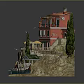 Coastal Scene Decorative Model with Red Building Green Windows Orange Umbrellas Trees and Small Boat