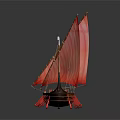 Traditional Wooden Boat With Red Sails Two Masts And Red Tassel Decorations