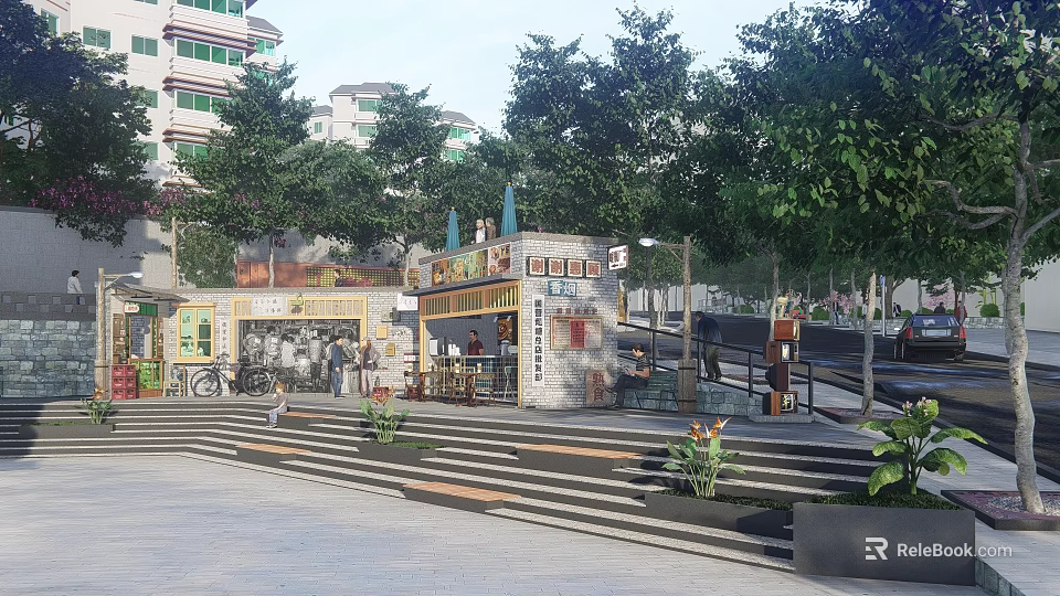 Urban Outdoor Plaza Featuring Steps Plants Kiosk Green Trees And Buildings 3d model 