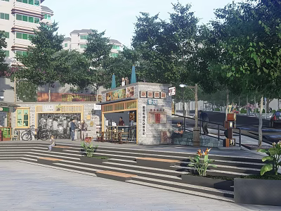 Urban Outdoor Plaza Featuring Steps Plants Kiosk Green Trees And Buildings 3d model