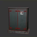 Green Electrical Cabinet With Double Door Metal Latches Flat Top Concrete Base And Warning Label