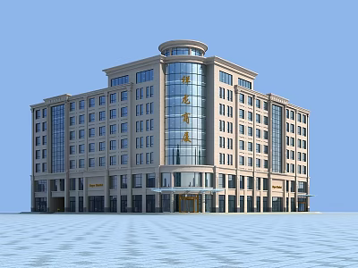 Modern Multi Story Office Building Exterior With Glass Curtain Wall And Marble Facade 3d model