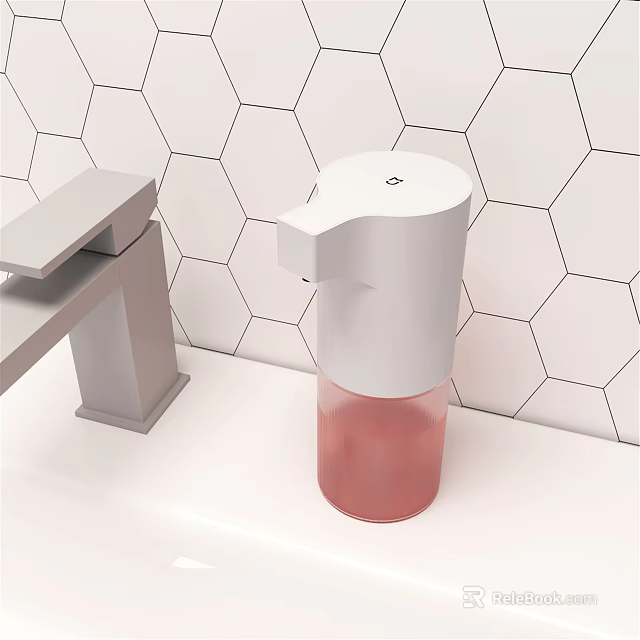 Modern Bathroom Accessories White Soap Dispenser With Pink Liquid And Silver Faucet On Hexagonal Tiles 3d model 
