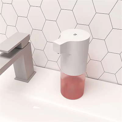 Modern Bathroom Accessories White Soap Dispenser With Pink Liquid And Silver Faucet On Hexagonal Tiles 3d model