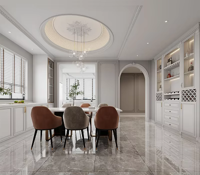 Elegant Modern Restaurant Interior With Dining Table Chairs Round Chandelier Marble Floor And Wine Cabinet 3d model