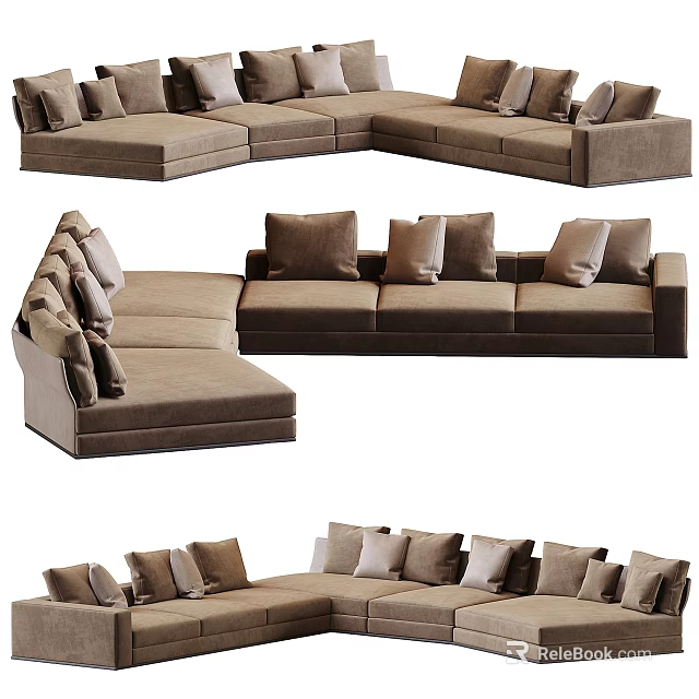 Modern Brown Sectional Sofa With Multiple Cushions And L Shaped Design 3d model