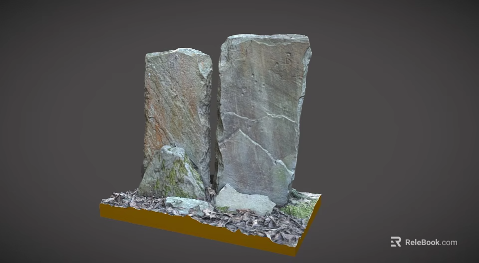 Natural Stone Landscape Sculpture With Yellow Base And Mossy Surroundings 3d model 