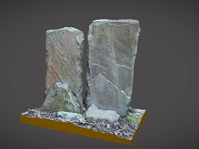 Natural Stone Landscape Sculpture With Yellow Base And Mossy Surroundings 3d model