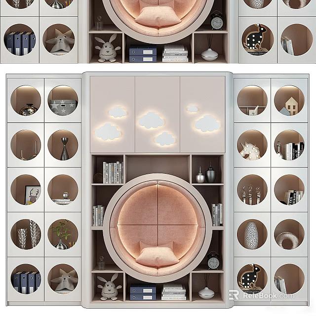 Modern Bookcase With Circular Seating Cloud Shaped Lights Round Compartments And Decorative Books 3d model 