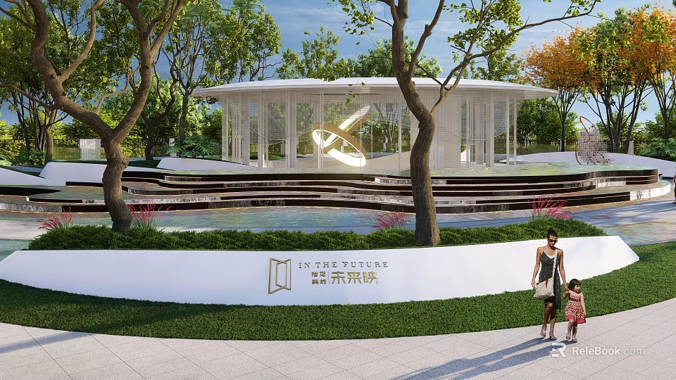 Water Fountain with Modern Glass Pavilion Green Trees and Lawn Area 3d model 