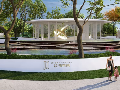 Water Fountain with Modern Glass Pavilion Green Trees and Lawn Area 3d model