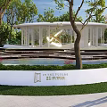 Water Fountain with Modern Glass Pavilion Green Trees and Lawn Area