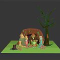 Group Of Cartoon Characters With Forest Creatures Near Cave And Tall Tree In Grass