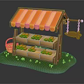 Cartoon Style Fruit Stand With Orange White Striped Awning Fruits On Shelves And Basket
