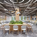 Modern Dining Space Interior With Wooden Frames White Chairs Green Plants And Pendant Lights