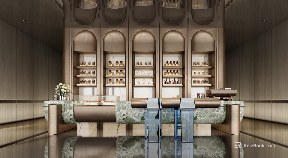 Elegant Modern Sales Office Interior Design With Marble Counter And Display Shelves 3d model 