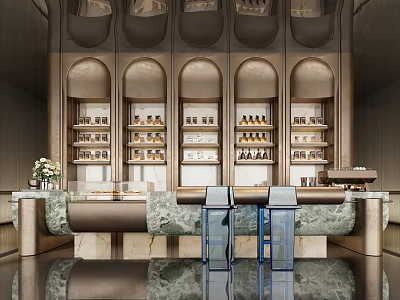 Elegant Modern Sales Office Interior Design With Marble Counter And Display Shelves 3d model