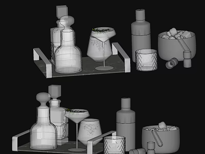 Elegant Wine Bottles And Glasses On Tray With Ice Cubes And Mixing Tools 3d model