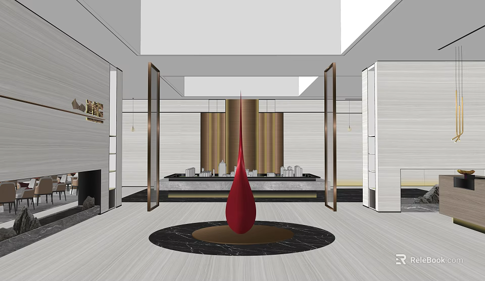 Modern Sales Office Interior With Red Sculpture Marble Floor And Property Models 3d model 