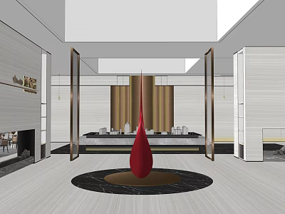 Modern Sales Office Interior With Red Sculpture Marble Floor And Property Models 3d model