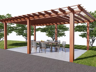 Wooden Pergola With Dining Table And Chairs In Grass Surrounded Patio 3d model
