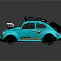 Turquoise Classic Beetle Car With Roof Rack Front Turbo And Striped Exterior Design