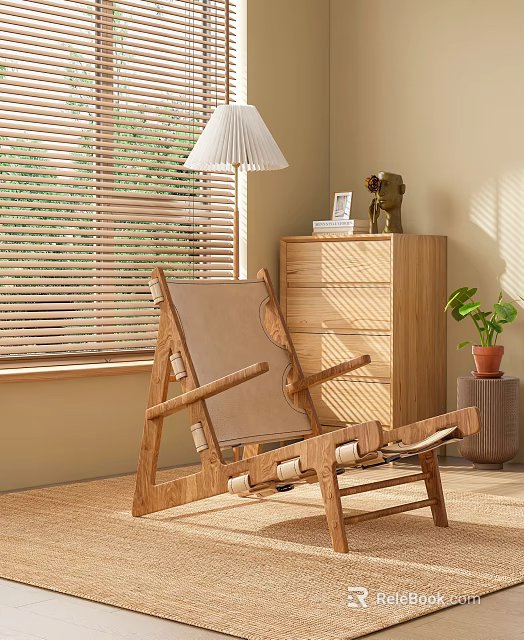 Wooden Leisure Chair In Living Room With Chest Of Drawers Window Blinds And Potted Plant 3d model 