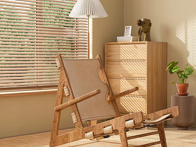 Wooden Leisure Chair In Living Room With Chest Of Drawers Window Blinds And Potted Plant 3d model