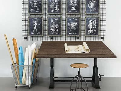 Wooden Work Table With Metal Stool And Rolled Papers Near Grid Wall Blueprints 3d model