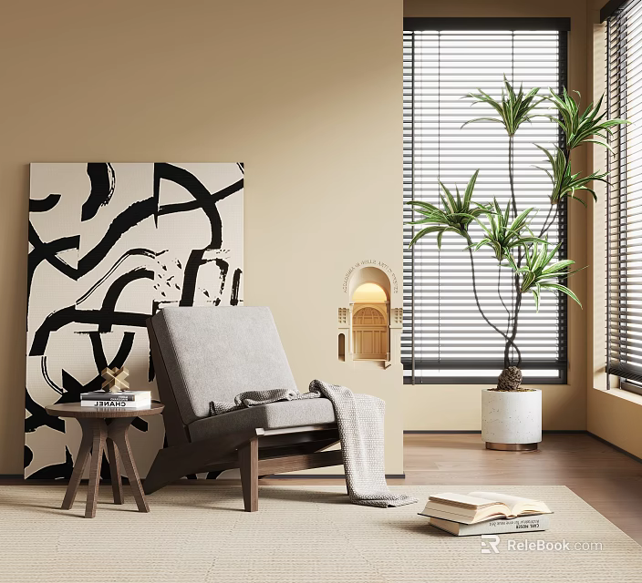 Comfortable Gray Lounge Chair with Throw Blanket Side Table and Abstract Painting in Modern Interior 3d model 