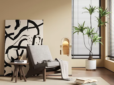 Comfortable Gray Lounge Chair with Throw Blanket Side Table and Abstract Painting in Modern Interior 3d model