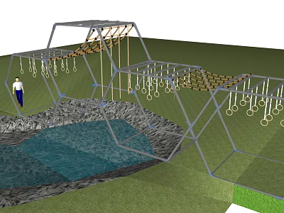 Outdoor Climbing Playground Equipment with Ropes Rings and Water Pond in Grass Area 3d model