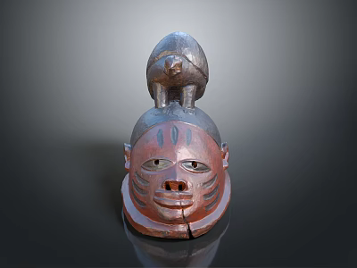 Traditional Tribal Weapon Wooden Mask With Small Animal Statue And Facial Features 3d model