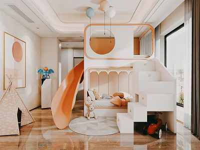 Kids Room Interior With Slide Staircase Bed Teepee Rug And Balloon Pendant Lights 3d model