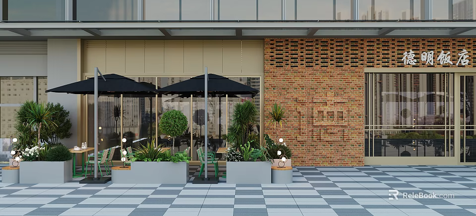 Modern Cafe Outdoor Seating Area With Glass Facade Brick Wall Black Umbrellas And Green Plants 3d model 