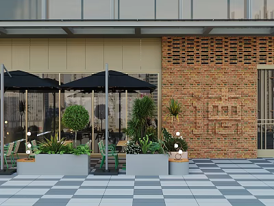 Modern Cafe Outdoor Seating Area With Glass Facade Brick Wall Black Umbrellas And Green Plants 3d model