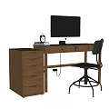 Wooden Office Desk With Computer Monitor Clock And Drawer Cabinet Accompanied By Modern Office Chair