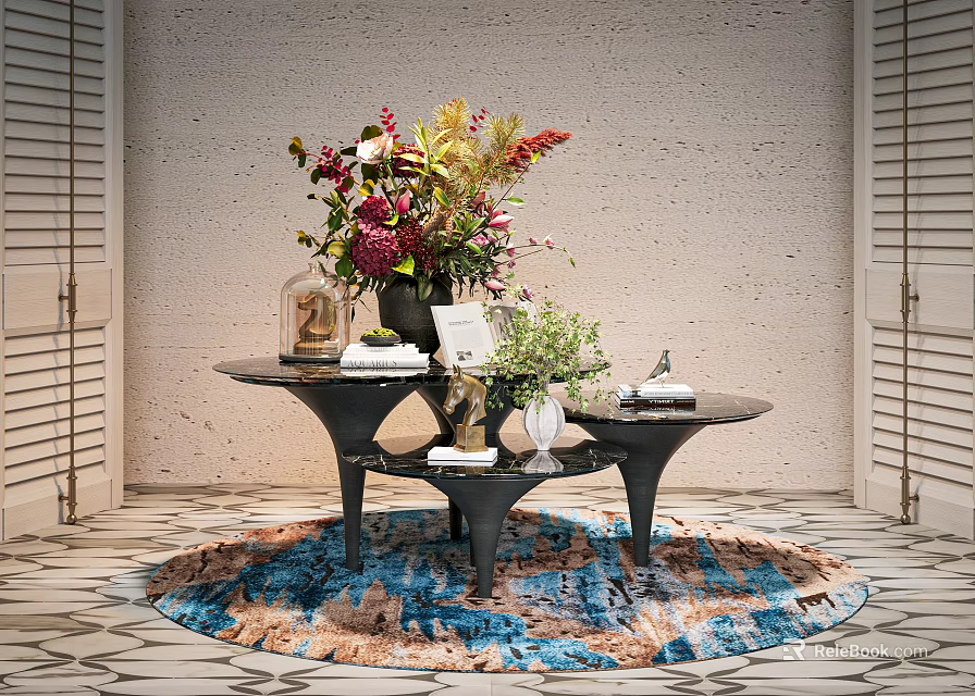 Modern Decorative Ornaments Set With Coffee Tables Flower Bouquet And Blue Brown Rug 3d model 