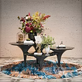 Modern Decorative Ornaments Set With Coffee Tables Flower Bouquet And Blue Brown Rug