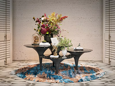Modern Decorative Ornaments Set With Coffee Tables Flower Bouquet And Blue Brown Rug 3d model