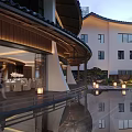 Modern Architectural Exterior Wall With Circular Structure Large Glass Windows And Traditional Tile Roof