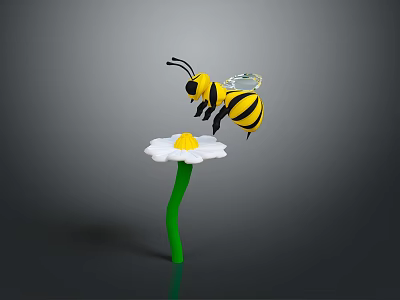Toy Bee On White Petal Flower With Yellow Center Green Stem And Gray Background 3d model