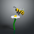 Toy Bee On White Petal Flower With Yellow Center Green Stem And Gray Background