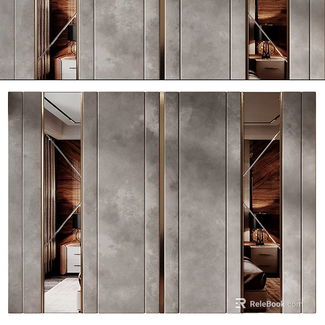 Elegant Modern Interior Wall Design With Gray Texture Gold Metal Strips And Mirror Accents 3d model 