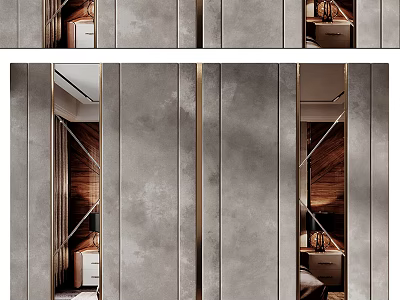 Elegant Modern Interior Wall Design With Gray Texture Gold Metal Strips And Mirror Accents 3d model